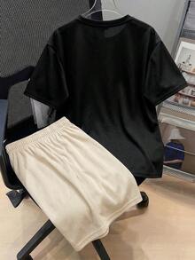 SHEIN 两件套男童休闲运动套装，柔软舒适的印花T恤搭配弹力腰带短裤，适合秋季、春季、夏季日常穿着，也适合户外活动、学校、街头、派对和居家穿着。 - 彩色 - 查看 3