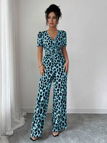 Elenzga Ladies' Elegant Vacation And Casual Summer Leopard Print Jumpsuit - Blue - View 6
