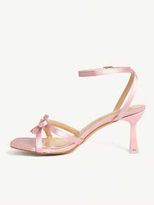 CUCCOO CHICEST Giày sandal cao gót quai chéo màu hồng satin, gót vuông, nơ, hở mũi. - Hồng - Xem 5