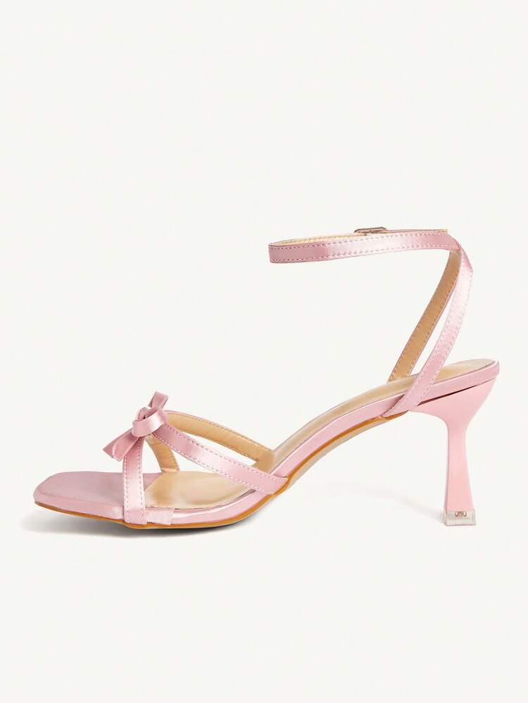 CUCCOO CHICEST Pink Satin Cross Strap High Heel Sandals Square Heel Bow Open Toe Sandals