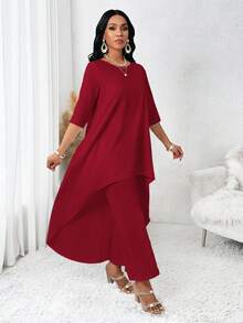 SHEIN Lady Elegant Burgundy Red Women's Autumn Two-Piece Suit,Long-Sleeved Asymmetric Top&Pants Set For Dining,Wedding Event,Homecoming And Fall Outfit Sets - Burgundy - View 3