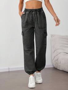 SHEIN Tall 女士抽绳口袋工装风松紧腰宽松休闲锥形裤 - 黑色 - 查看 7