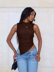 Mima John Women's Solid Color Sleeveless Cropped Casual Tank Top With Asymmetrical Hem,Multipack - Coffee Brown - View 5