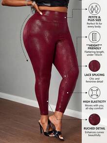 SHEIN PETITE CURVE 大码女士黑色口袋皮质紧身裤，简约风格，适合通勤、度假、派对、运动、日常穿着，带口袋，可作裤子穿着，也适合通勤和工作场合。 - 中紫紅色 - 查看 2