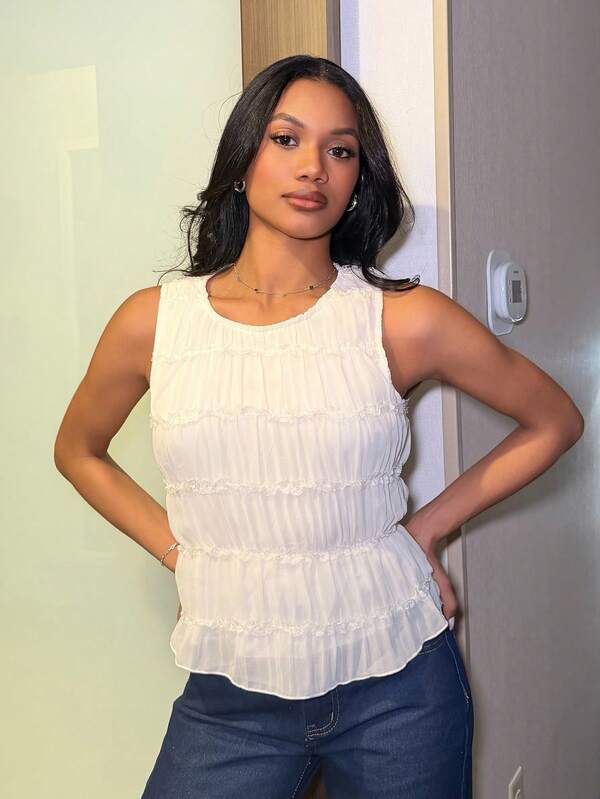 Natali Santanap Women's Plain Color Lace Trim Pleated Round Neck Camisole,Solid Color Round Neck Pleated Top,Rave Outfits Festival,Ibiza Outfits, Going Out Top Tiered Ruffle Top Ruched Top Cinched Waist Top Ruffled Top Summer Casual