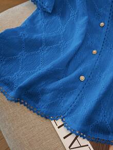 SHEIN LUNE Plus Size Elegant Jacquard Knit Lace Trim Casual Commuter Jacket & Pants Set, Suitable For Party, Afternoon Tea, Spring & Summer - Blue - View 6