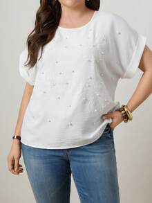 Zelara 大码女式珍珠装饰圆领蝙蝠袖短袖优雅上衣 - 白色 - 查看 8