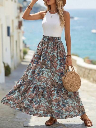 Louniche Women's High Waist A-Line Bohemian Floral Print Skirt, Suitable For Casual, Vacation, Travel