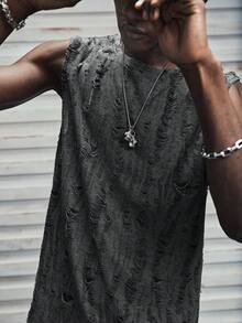 Modcrash Men's Street-Style Distressed Textured Jacquard Crew Neck Sleeveless Fashion Tank Top - Dark Grey - View 5