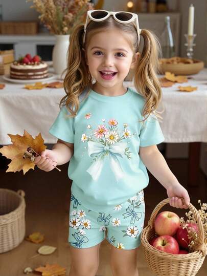 Young Girl Casual Floral Print Bow Decor T-Shirt And Shorts Set, Suitable For Spring/Summer, Sweet And Cute For Outdoor, Photography, Back To School, Sports, Festivals, Gifts