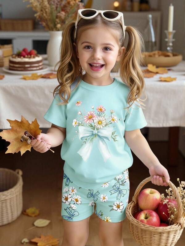 Young Girl Casual Floral Print Bow Decor T-Shirt And Shorts Set, Suitable For Spring/Summer, Sweet And Cute For Outdoor, Photography, Back To School, Sports, Festivals, Gifts