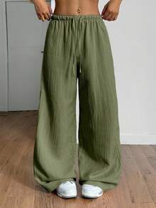 SHEIN PETITE Women's Summer Textured Straight Leg Pants - Mint Green - View 6