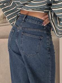 IamThia 女式宽松阔腿口袋休闲百搭牛仔裤 - 深色水洗藍 - 查看 5