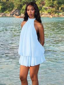 Mima John Women's Elegant Light Blue Halter Tie Mini Dress,Elegant Dresses For Women,Women Dating Dress,Women Night Out Dress,Summer Dresses For Women, Honeymoon Outfits Woman .Women Wedding Guest Dress. Island Vacation Outfits,Wedding Guest Dress Women ,Sun Dresses For Women ,Elegant Dresses For Party, Birthday Dresses For Women - Blue - View 4