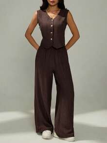 SHEIN PETITE Women's Summer Casual Solid Color Vest & Pants 2 Pieces Set - Coffee Brown - View 7