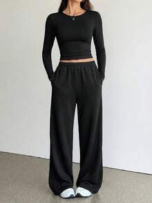 SHEIN Tall Bộ 2 món áo dài tay và quần dài màu trơn dành cho nữ. - màu đen - Xem 8