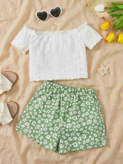 SHEIN Tween Girl Off Shoulder Lettuce Trim Schiffy Top & Ditsy Floral Print Shorts