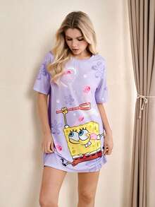SpongeBob SquarePants | SHEIN 女士休闲圆领短袖睡袍 - - 紫色 - 查看 4
