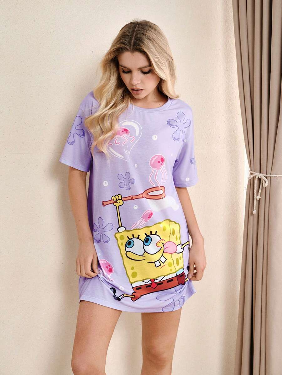 SpongeBob SquarePants | SHEIN 女士休闲圆领短袖睡袍 - - 紫色 - 查看 1