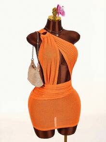 Amplova 2026新款纹理木纹装饰不对称性感迷你连衣裙 - 橘色 - 查看 3