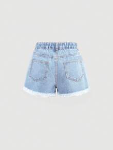 SHEIN 青少年女孩夏季休閒時尚破洞毛邊藍色牛仔短褲，適用於春假、電音節慶與日常穿著 - 淺色水洗藍 - 查看 2