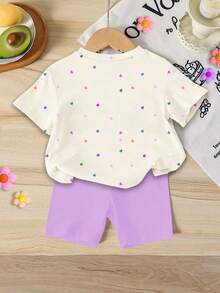 SHEIN GraphicGems 1 Set Baby Girls Lovely Rabbit Ear Leopard Print Heart Graphic Tee And Knit Shorts Cute Outfit, Cartoon Bunny Print T-Shirt Set, Spring To Summer, Summer Outfits, Easter Outfit - Multicolor - View 2