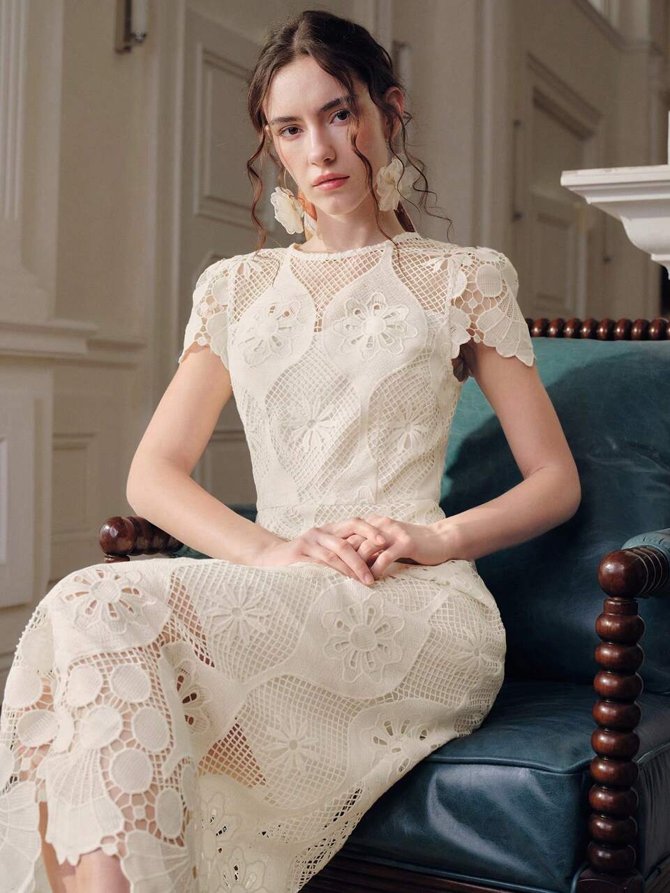 Anewsta Spring/Summer New Elegant Lace Fabric Hollow Design Fitted Round Neck Ruffle Sleeve Slim A-Line Dress