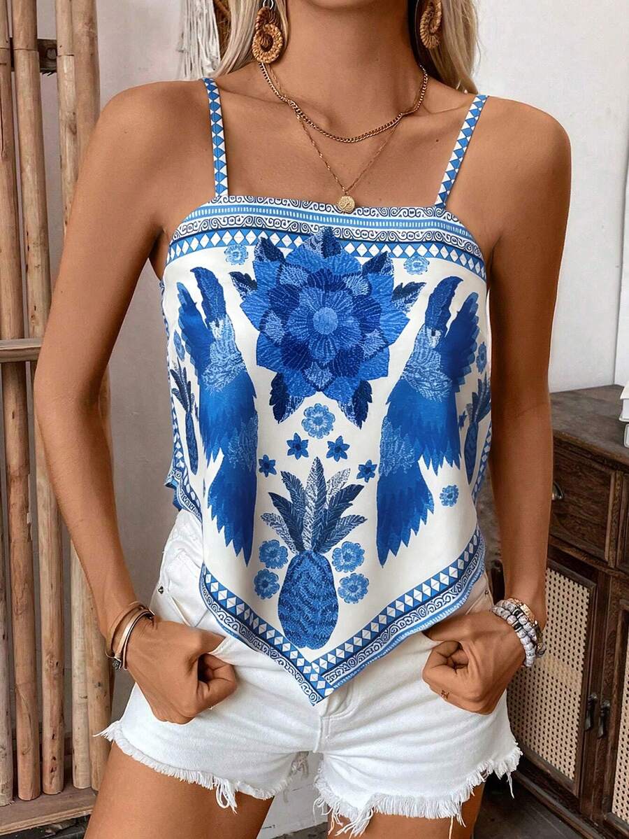 SHEIN LUNE Women's Casual Loose Plant Printed Camisole - Blue - View 1