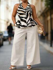 Veslaya 春夏新款两件套：波浪印花无袖露背系带露脐上衣搭配宽松白色阔腿裤，适合通勤、休闲、日常、派对、办公室、商务等场合，尽显优雅气质。这款套装也适合大码女性居家办公穿着，是女士办公室工作服、半正式女装、夏季女装以及优雅套装的理想之选。 - 彩色 - 查看 2