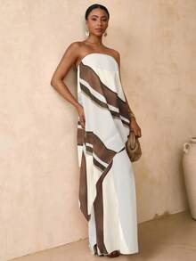 Vesra Women's White And Brown Geometric Print Strapless Maxi Dress,Asymmetric Hem Layered Summer Flowy Boho Dress For Tropical Holiday,Vacation,Holiday - Multicolor - View 5