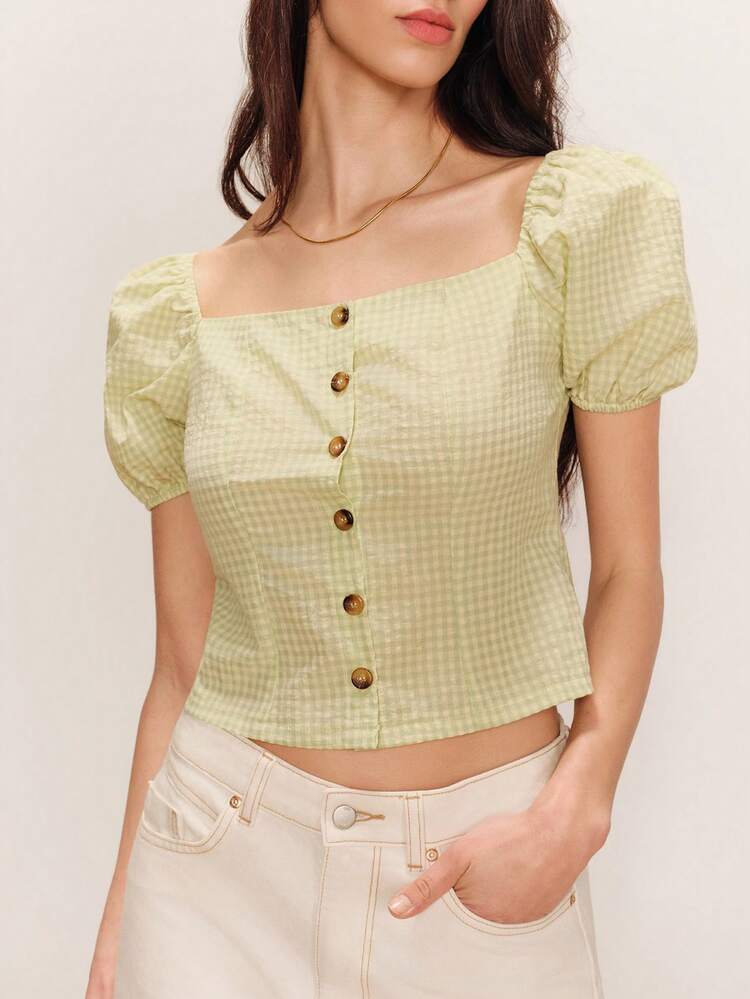 Cute Square Neck And Puff Sleeves Green Checked Blouse Romantic Elegant Top Going Out Vintage Top Cute Top Spring Summer Vacation Top Holiday Top French Style Parisian Style Casual Summer Outfits For Woman Spring Outfits For Women Vintage Outfit For Women