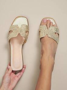 SHUZIA #WideFitQuietLuxury 女士方头手工编织纯素皮革金色拖鞋 - 灵感源自设计师美学，宽楦简约优雅。 - 金色 - 查看 6