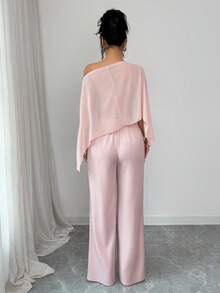 SHEIN Elenzya Bộ đồ nữ mùa hè màu trơn, áo crop top tay ngắn xẻ tà không đối xứng với quần ống loe thắt eo, trang phục công sở thời trang, trang phục đi nghỉ/hẹn hò, ngày Quốc khánh, trang phục giáo viên. - Hồng - Xem 2