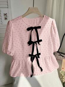 Comfortcana 加大码粉色圆领花瓣袖波点蝴蝶结装饰衬衫 - 粉色 - 查看 3