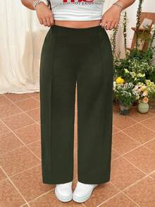 SHEIN EZwear Quần dài ống đứng đơn giản, màu trơn dành cho nữ cỡ lớn - màu xanh lá - Xem 6