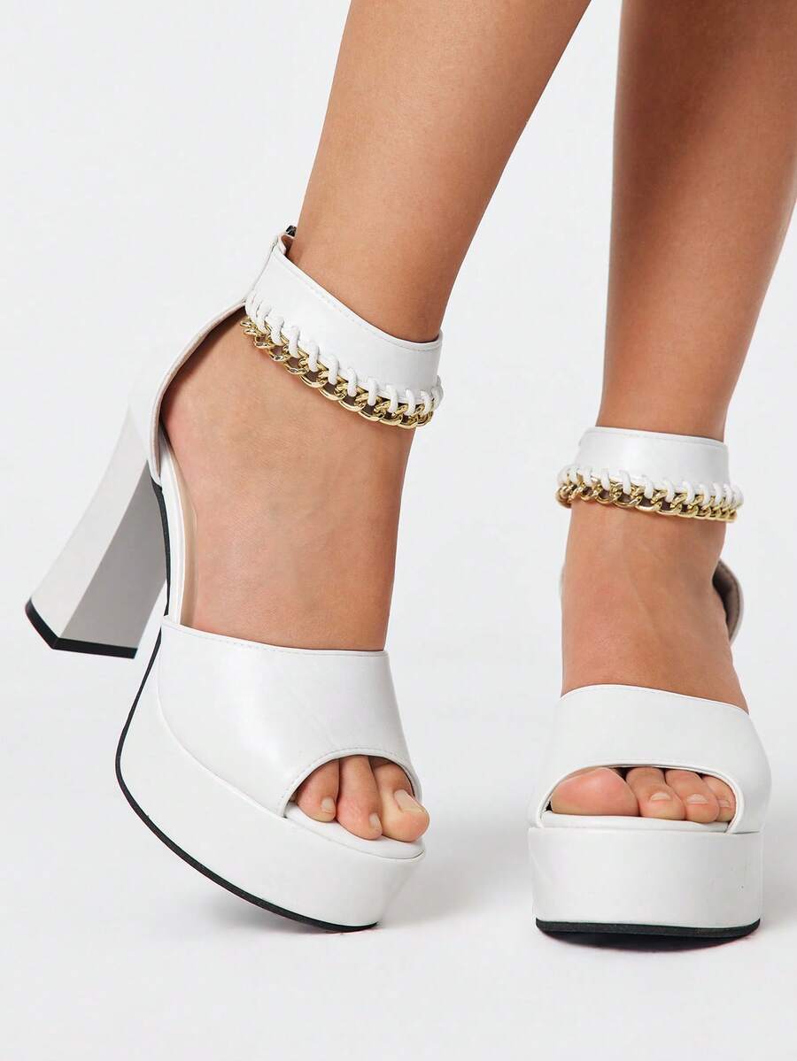 ROMWE Grunge Punk 女士高跟凉鞋 暗黑摇滚朋克夜店凉鞋 夏季露趾金属扣粗跟礼服鞋 防水晚宴派对鞋 通勤正装工作鞋 - 白色 - 查看 1