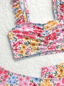 女童（小号）印花泳衣，荷叶边装饰，三件套 - 粉色 - 查看 5