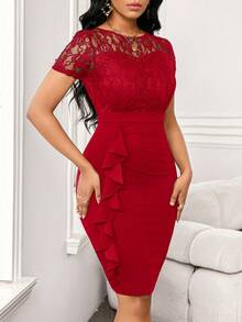 SHEIN Lady Wedding Guest Dress Lace Splicing Ruffled Women's Hip Skirt Work Party Women's Dress - Red - View 8