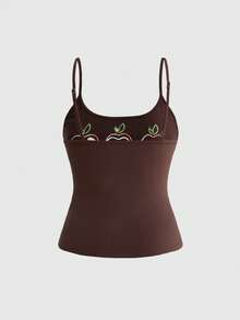 ROMWE Avant Millennium Vintage Spring/Summer Basic Versatile Apple Embroidered Floral Button Decor Plus Size Camisole And Tank Top - Brown - View 3