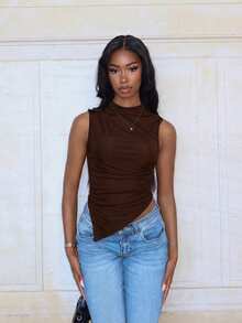 Mima John Women's Solid Color Sleeveless Cropped Casual Tank Top With Asymmetrical Hem,Multipack - Coffee Brown - View 6