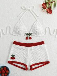 Swim Mod Bộ bikini nữ 26SS móc thủ công họa tiết quả anh đào, màu đỏ và trắng tương phản, áo tam giác và quần lót thoải mái kèm áo khoác ngoài. - Đỏ và trắng - Xem 6