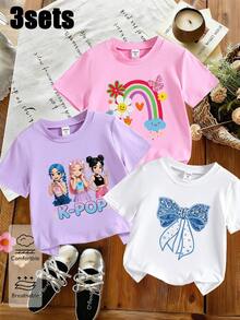 3pcs/Set Girls Casual T-Shirt Combo, K-POP Star + Rainbow Butterfly + Rhinestone Bow Print, Comfortable Round Neck Tops, Suitable For Spring, Summer, Autumn, White, Pink, Purple, Cute & Fun Girls Summer Short Sleeve, Assorted Colorful Styles - Pink - View 6