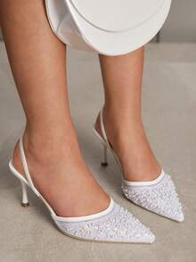 CUCCOO SZL 女士尖头细高跟鞋，饰以珍珠串珠、亮片和网纱元素，优雅时尚的露跟穆勒鞋，适合婚礼、下午茶、派对、情人节、伴娘、新娘等场合。 - 白色 - 查看 9
