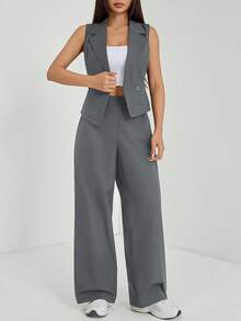 SHEIN PETITE Bộ đồ thu đông hai mảnh (2 món) dành cho nữ, gồm áo không tay và quần, màu trơn. - Xám - Xem 7