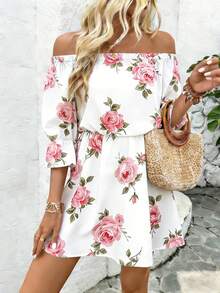 Breezaya Vestido estampado con hombros descubiertos y cinturón para la cintura, conjunto de ropa de playa y vacaciones para mujeres - Rosa - Ver 5