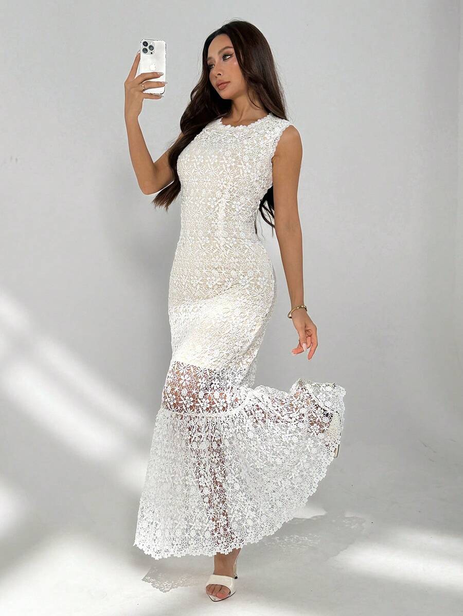 Rafferiza 女士优雅碎花连衣裙，夏季 - 白色 - 查看 1