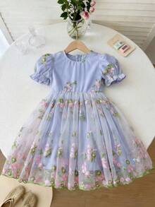 SHEIN Glamorique Kids 小女孩可爱花卉刺绣装饰休闲时尚娃娃裙 - 紫色 - 查看 7