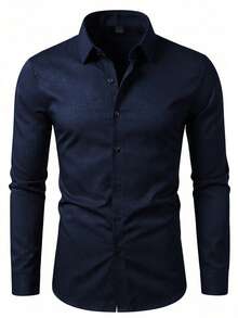 Manfinity Bizformal 男士商务休闲压花长袖衬衫 - 藏蓝色 - 查看 4