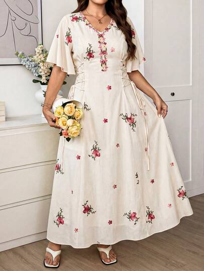 Yasmyna Đầm chữ A cỡ lớn, in hoa, xếp ly, thắt eo, kiểu Ả Rập.