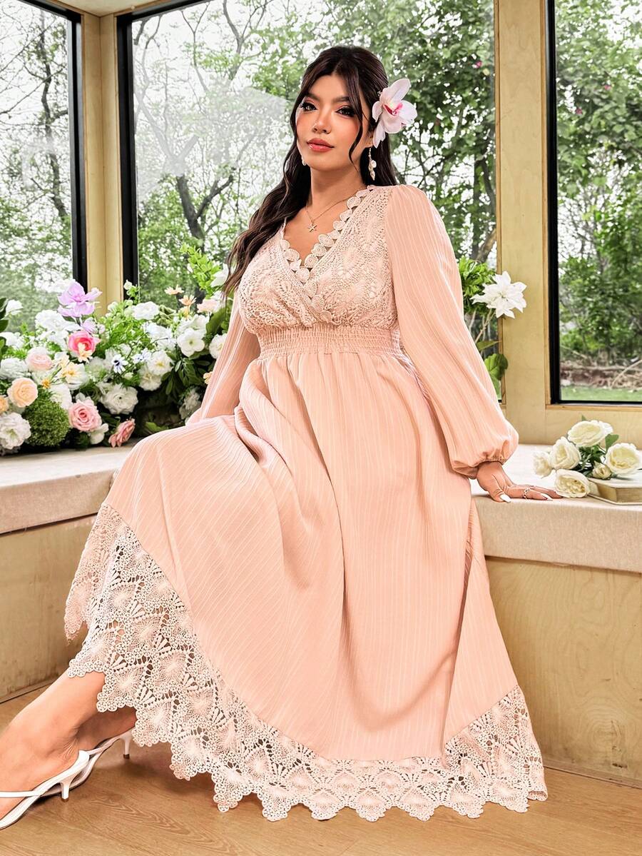 Celure Đầm Maxi Tay Lửng Xếp Ly Có Thắt Lưng Co Giãn Cho Nữ Cỡ Lớn Trang Phục Thường Ngày Cho Nữ - Hồng - Xem 1